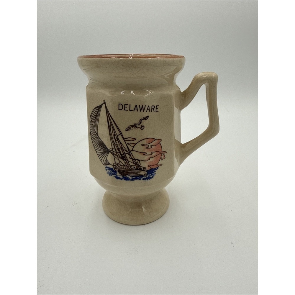 Vintage Delaware Souvenir Coffee Mug Cup Pedestal Crackle Glaze Taiwan Nautical